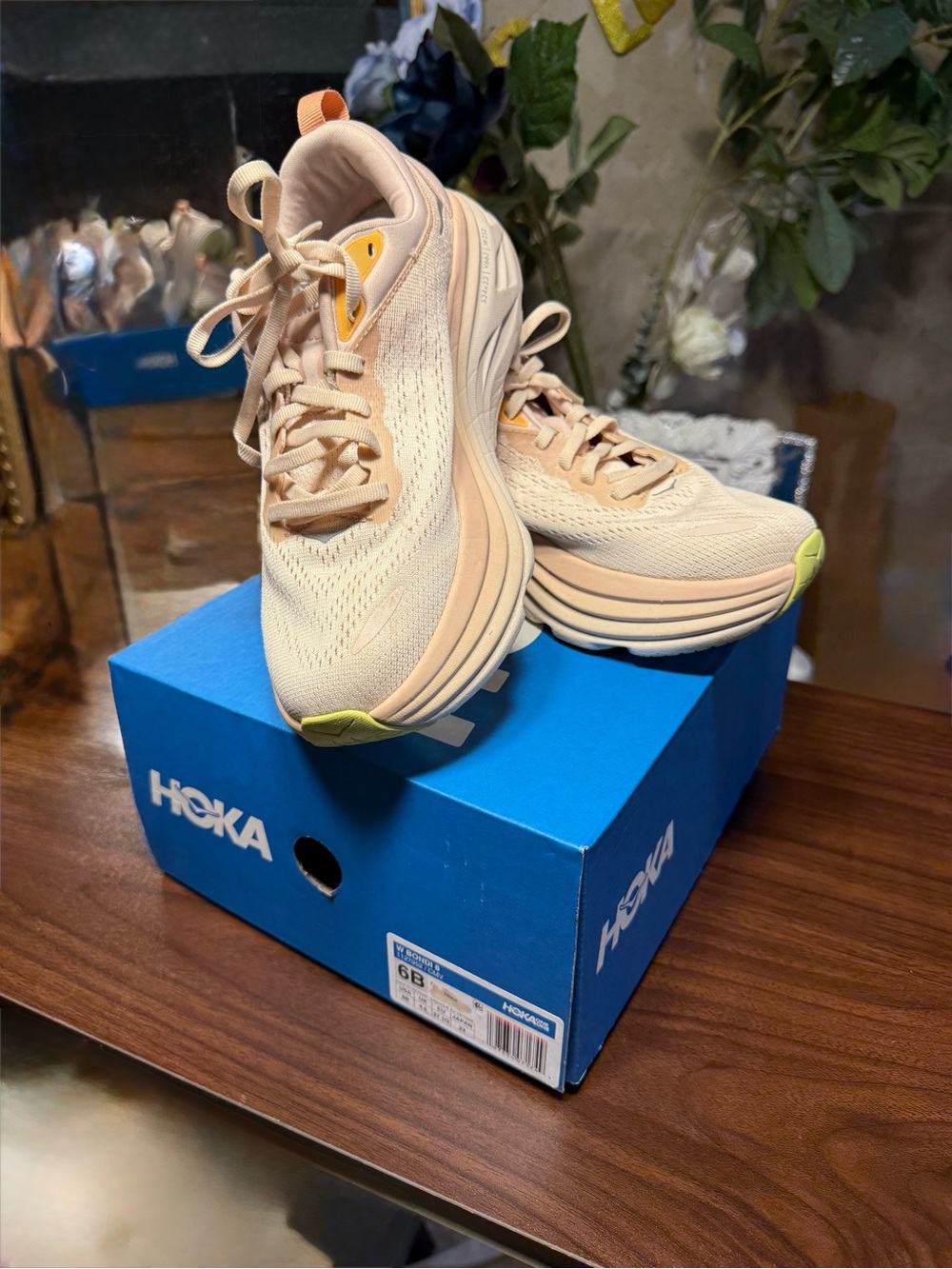 Hoka Bondi 8 Women's Athletic Shoes in Pale Peach with Neon Yellow Accents